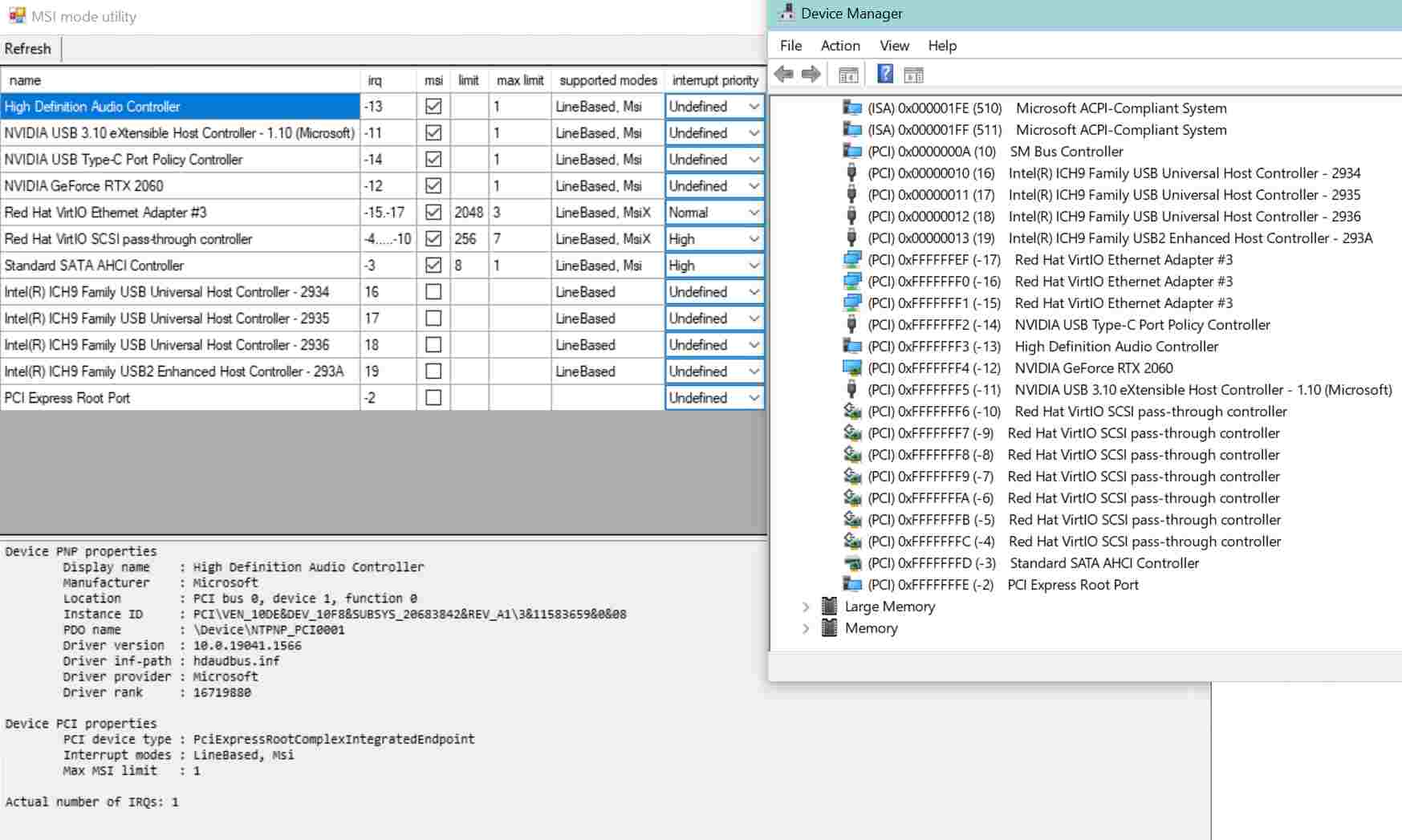 msi util and device manager showing MSI being used vs line