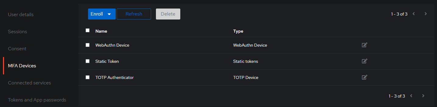 MFA devices listing under user settings