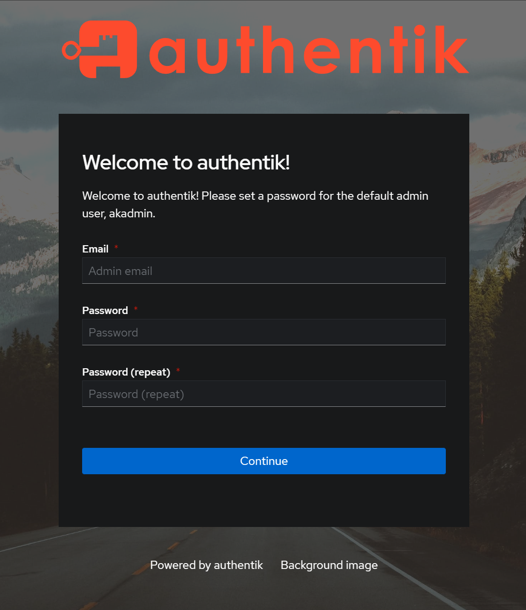 Initial setup screen for authentik
